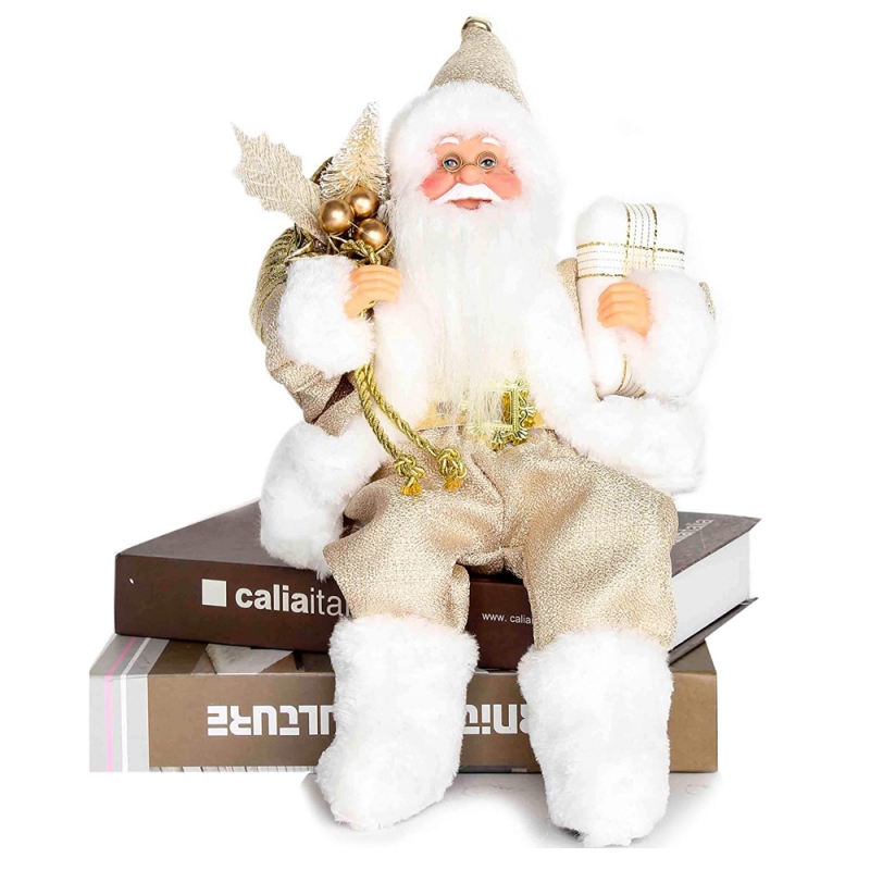 12Inch Sitzen Goldener Santa Claus Figur mit Geschenktüte Blätter und Box Tragen Weiße Schuhe Weihnachten Urlaub Dekoration