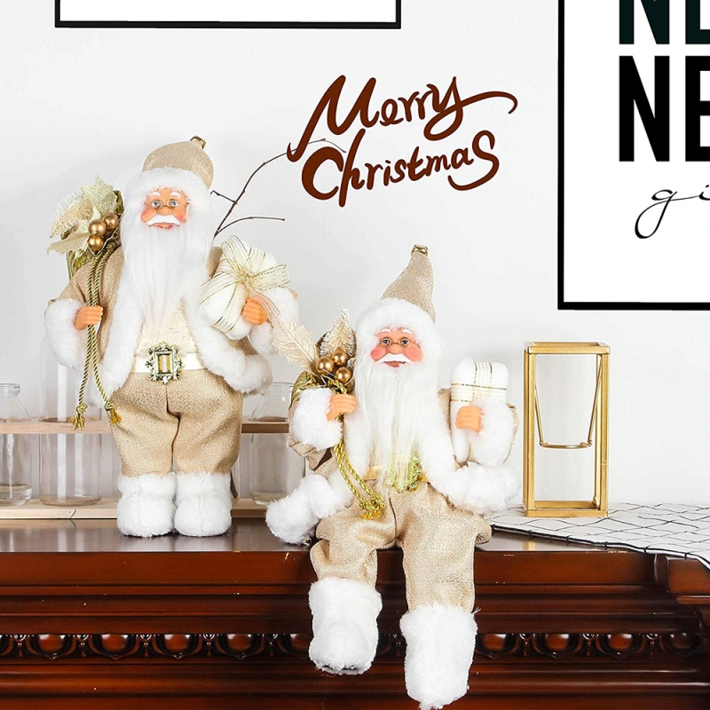 12Inch Sitzen Goldener Santa Claus Figur mit Geschenktüte Blätter und Box Tragen Weiße Schuhe Weihnachten Urlaub Dekoration