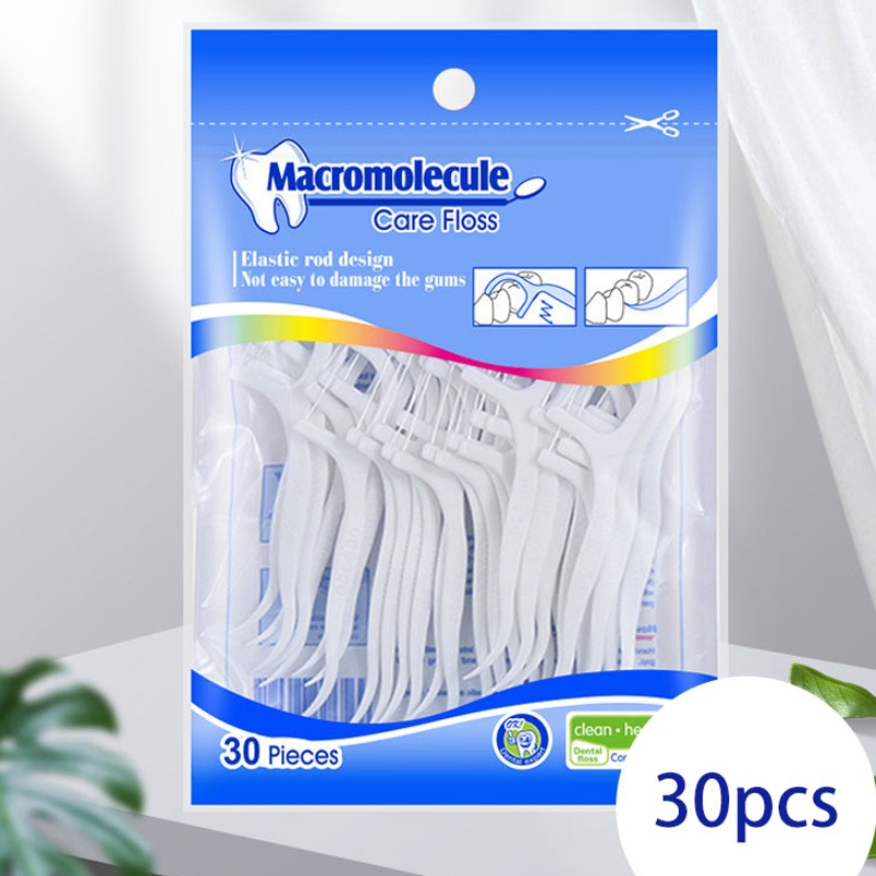 30 Picks Hohe Qualität Macromolekül Polyethylenfaser Stock Großhandel OEM Private Etikettenbeutel Dental Floss Pick
