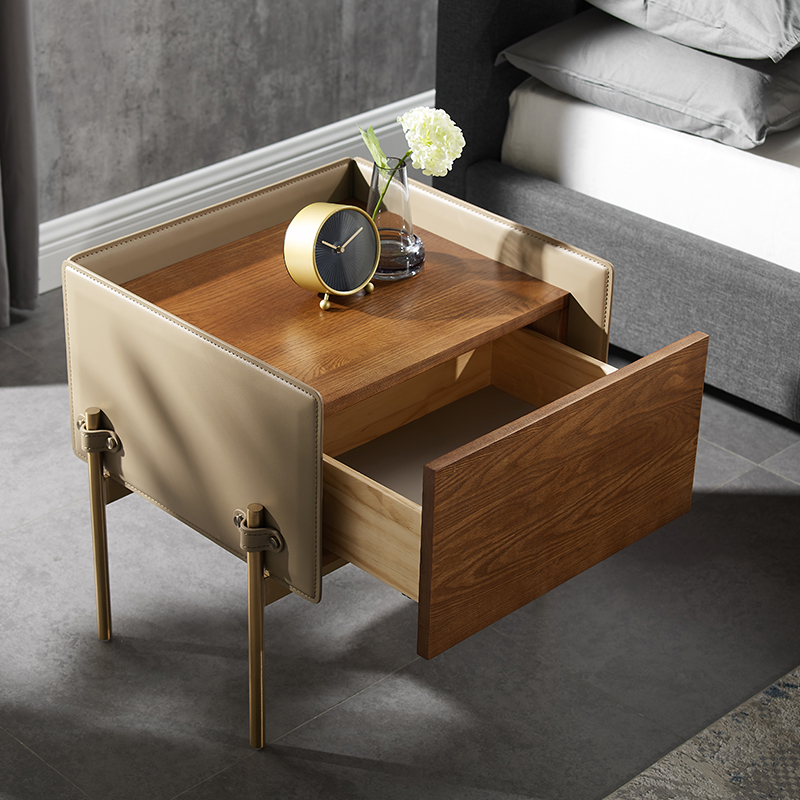 Moderner Nachttischnatürlicher Holz minimalistischer hölzerner Leder-Nachttisch mit Edelstahl-Bein