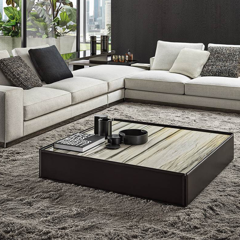 Italienische minimalistische Design-Center-Endtisch Niedriger Höhe Modern Marmor Top Square Leder Couchtisch für Wohnzimmer