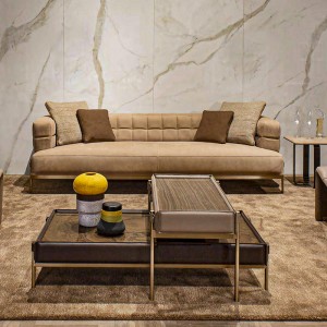 Italienische minimalistische Kombination Nesting Design Edelstahl Beine Rechteck Natürliches Holz Endtisch Leder Couchtisch Set