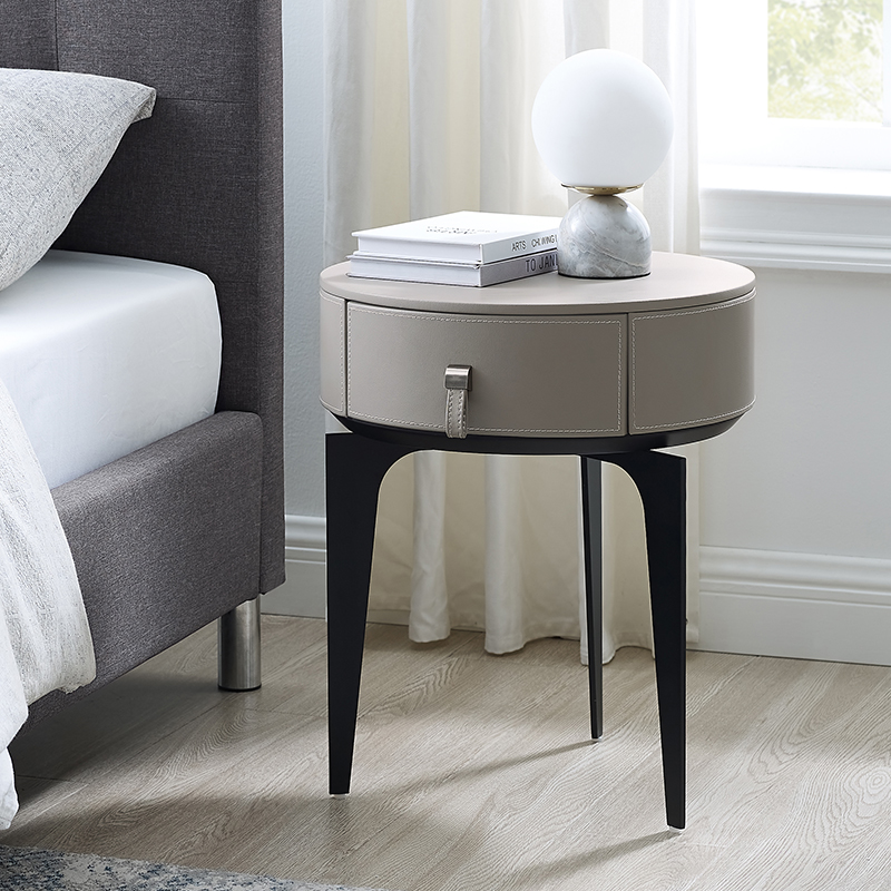 grauer Leder Nachttisch Mini kleiner moderner Luxus runder Nachttisch schmal