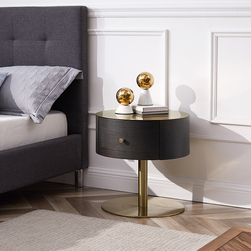 Eichenfarbe Gold Metall Edelstahl Nachttisch moderner Luxus runder Nachttisch