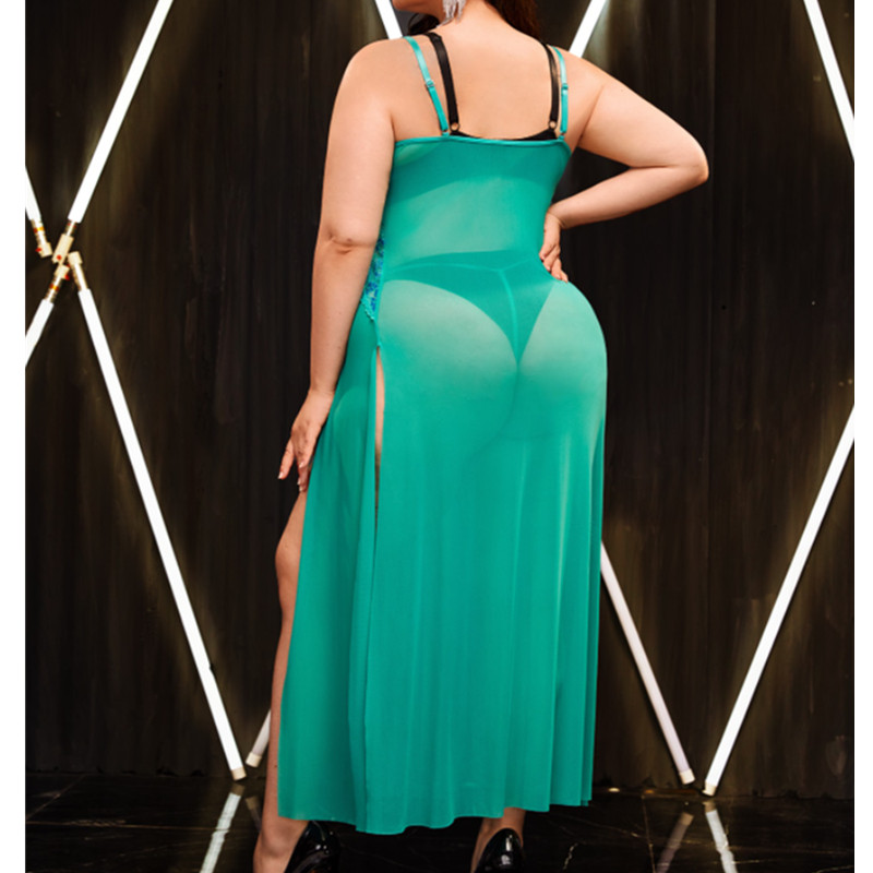 Langes sexy Gewand und Slip -Set -Pyjamas Mesh Nachtkleid mit Spitzensaugenrock