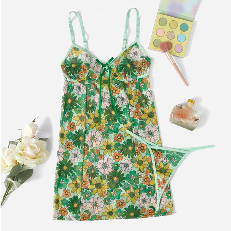 Frühlingsblumendruck Cami Tie Bug vorne mit sexy Kontrast Tanga