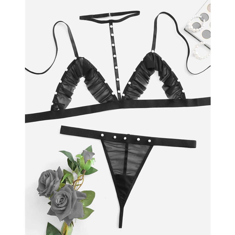 Geschirrsgeschwindigkeitsgeschnittener Schnitt-Trim-Dessous-Set mit sexy Mesh-Tanga