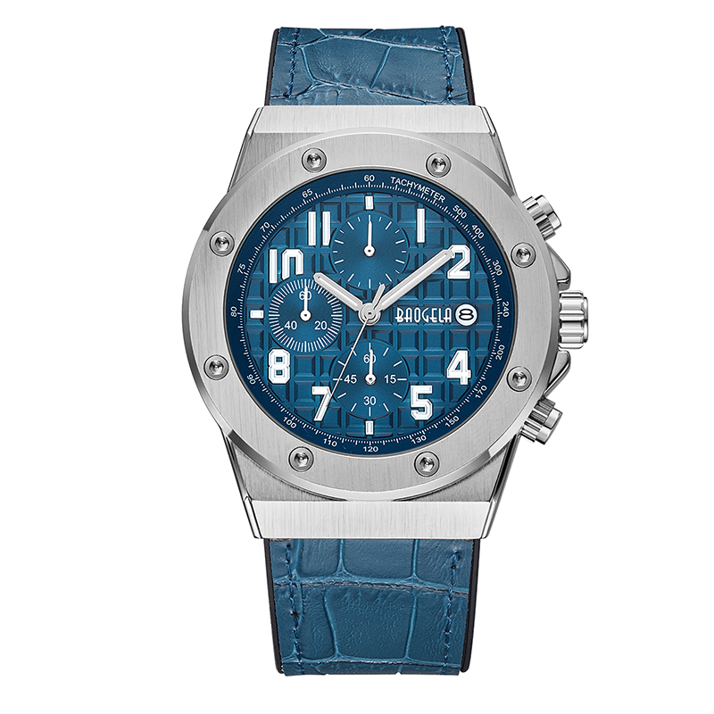 Baogela Men 's Chronograph Quartz Uhren 2022 Neue wasserdichte Sport -Casual -Handgelenk -Uhr -Leder -Gurtuhr 1805 Blau