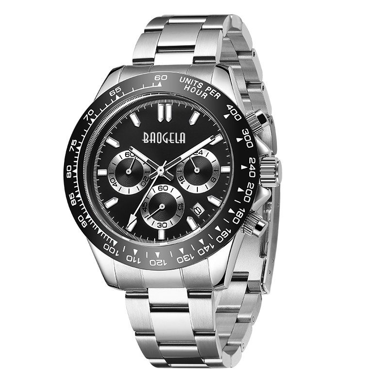 Baogela Männer beobachten Top Marke Luxus Sport Quarz Uhren Edelstahlgurt wasserdichte Chronographenhandwatchwatch 2210 Schwarz Weiß