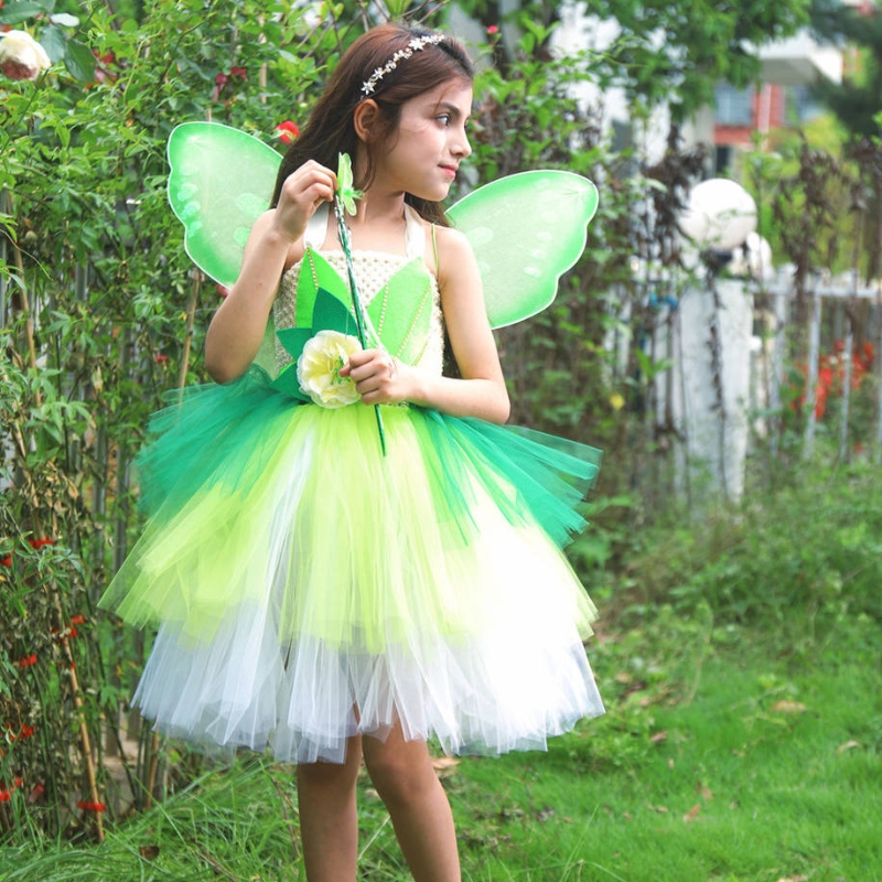 Halloween Cosplay Princess Baby Girls Party Grüne Blumenfee Tinker Bell Kleid Elf Kostüm mit Schmetterlingsflügeln Sets