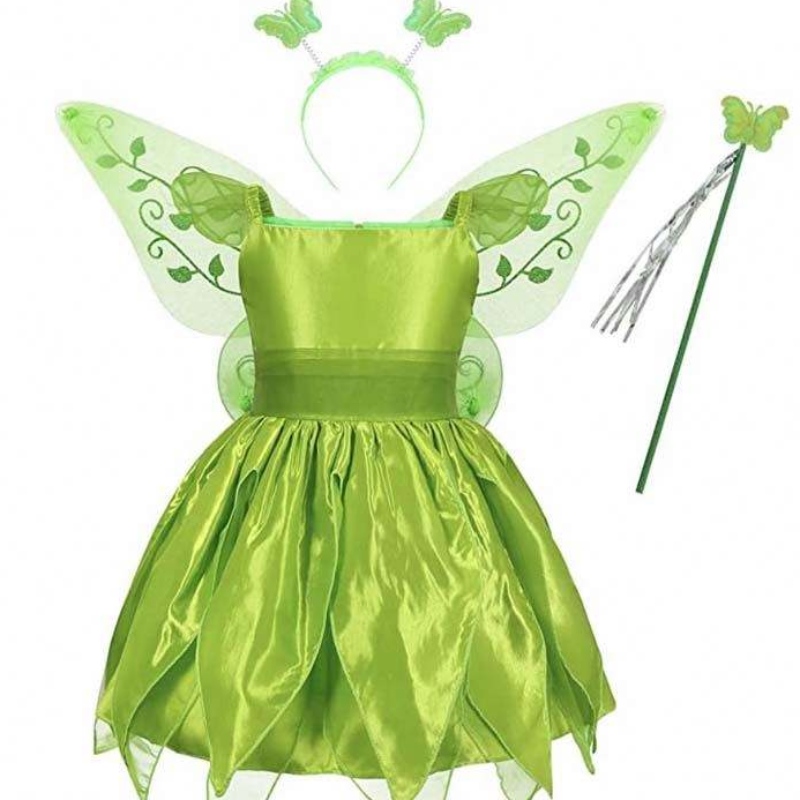 Kleinkind Kid Halloween Cosplay-Geburtstag Outfits Set Dancing Butterfly Green Fairy Flügel Tinker Bell Kleid 2-10t HCTB-001