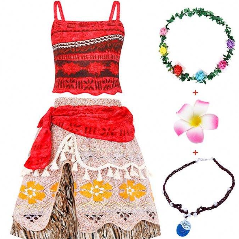 Halloween Cosplay Kostümrock-Set Kostüm Moana Kleid Mädchen mit Halskette mit Stirnband DGHC-015