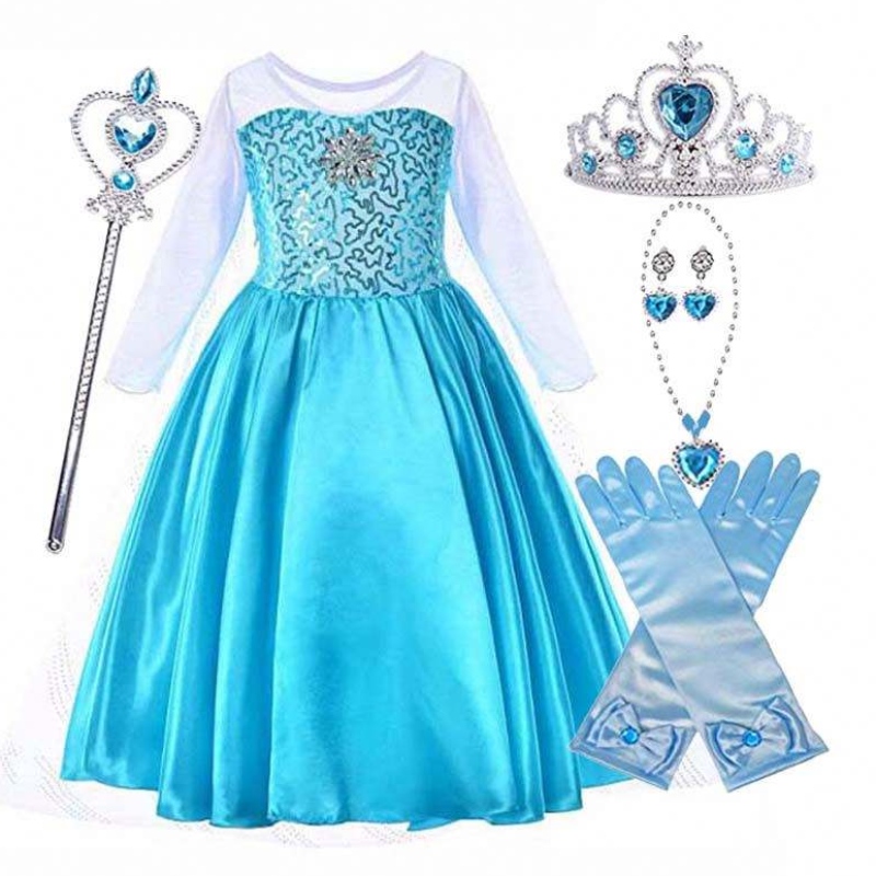 Snow Party Queen Halloween Kostüm Blau Langarm Schnekönigin Elsa Kleid für Mädchen mit Accessoires HCGD-006