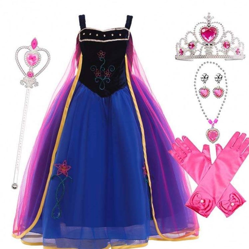 Girl Cosplay Snow Queen Prinzessin Kostüm Anna Kleid Kostüm mit Kronwandhandschuh Accessoires HCGD-010