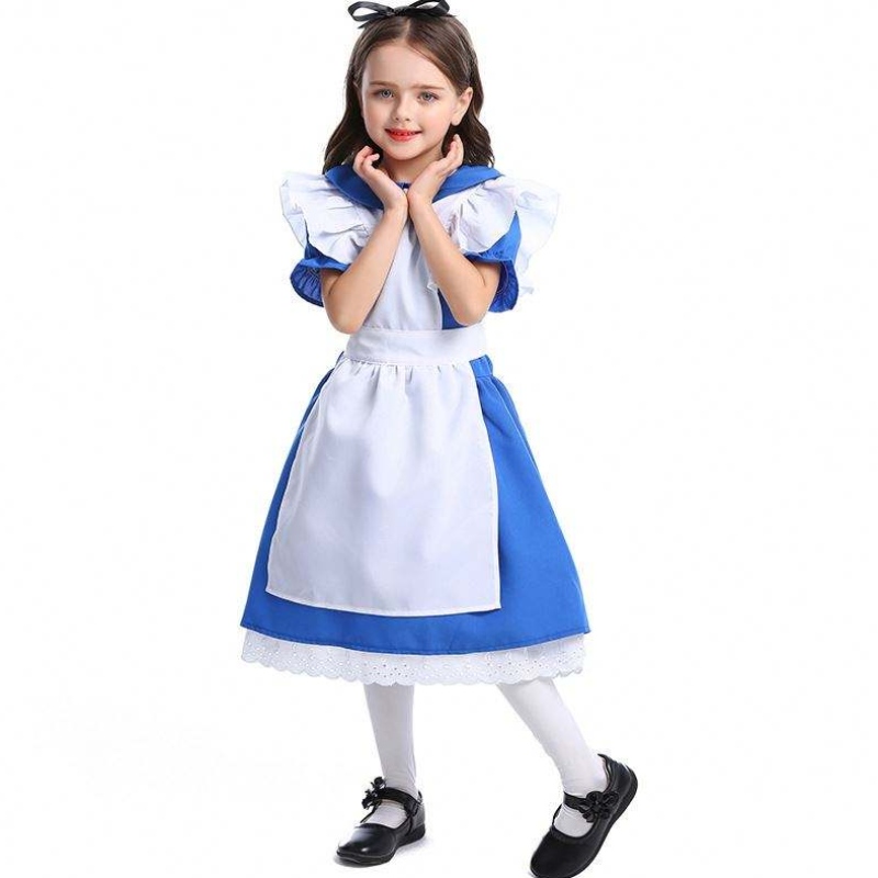 Mädchen Halloween Ruffle Trim Krawatte Taille Blue Alice in Wunderland Cosplay Kids mit weißer Schürze 4-12 Jahre DGHC-070