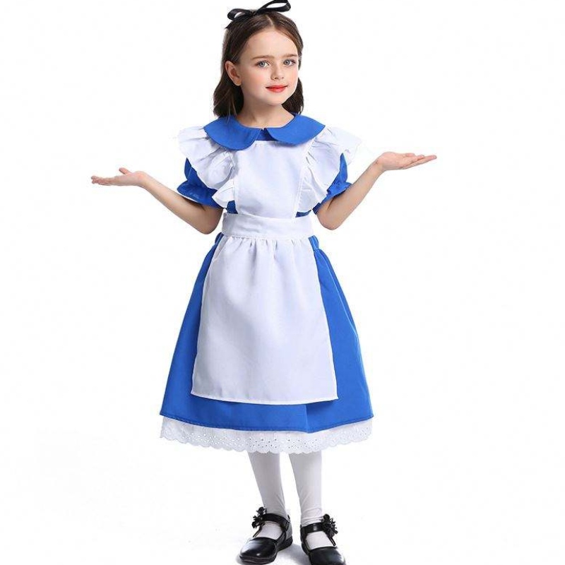 Mädchen Halloween Ruffle Trim Krawatte Taille Blue Alice in Wunderland Cosplay Kids mit weißer Schürze 4-12 Jahre DGHC-070