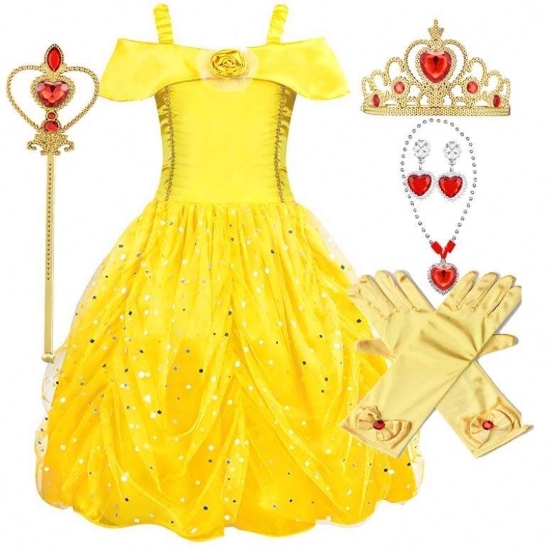 Fancy Halloween Weihnachten Geburtstagsfeier Karneval gelber Ballkleid Prinzessin Dress Up Yorne Girl Belle Kleider HCBL-007