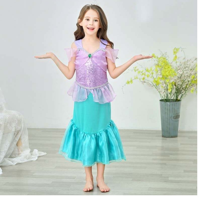Prinzessin kleine Mädchen Pailletten Meerjungfrau Kleid für Mädchen 6 bis 7 Jahre mit Schmuck HCMM-006