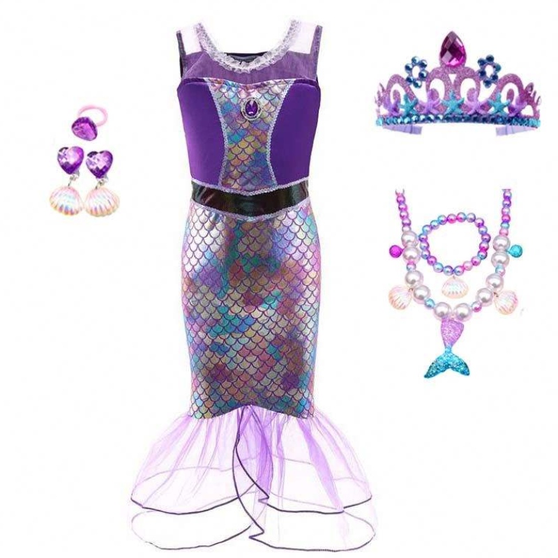 Prinzessin kleine Mädchen Pailletten Meerjungfrau Kleid für Mädchen 6 bis 7 Jahre mit Schmuck HCMM-006