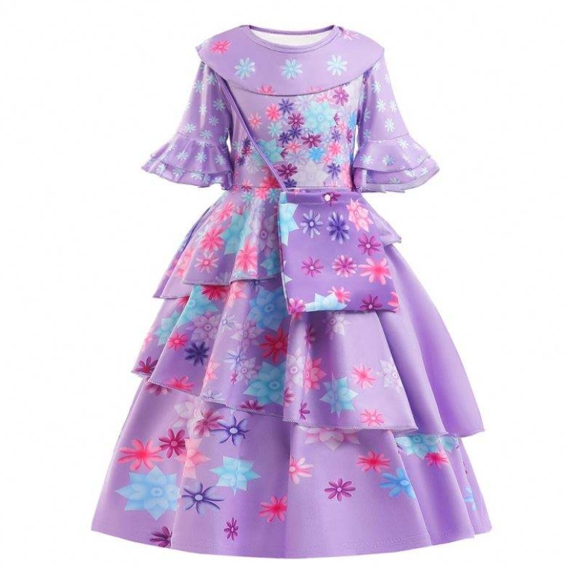 2022 Neue Fashion Kids Encanto Kostüm Isabella Cosplay Blume gedrucktes Tageskleid für Mädchen mit Tasche