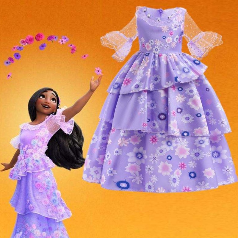 Hot Sale Kids Encanto Movie Kostüm Isabella Cosplay Purple Blumenmädchen Silk Maxi Langes Kleid
