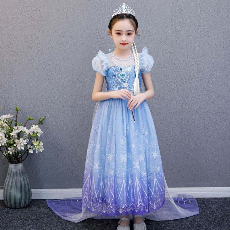 Baige 2021 New Blue Elsa Anna Girl Party Kleid Cosplay Kleider auf Prinzessin mit handgefertigter Halskette und langes Umhang