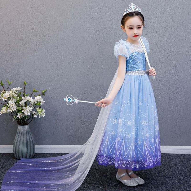 Baige 2021 New Blue Elsa Anna Girl Party Kleid Cosplay Kleider auf Prinzessin mit handgefertigter Halskette und langes Umhang