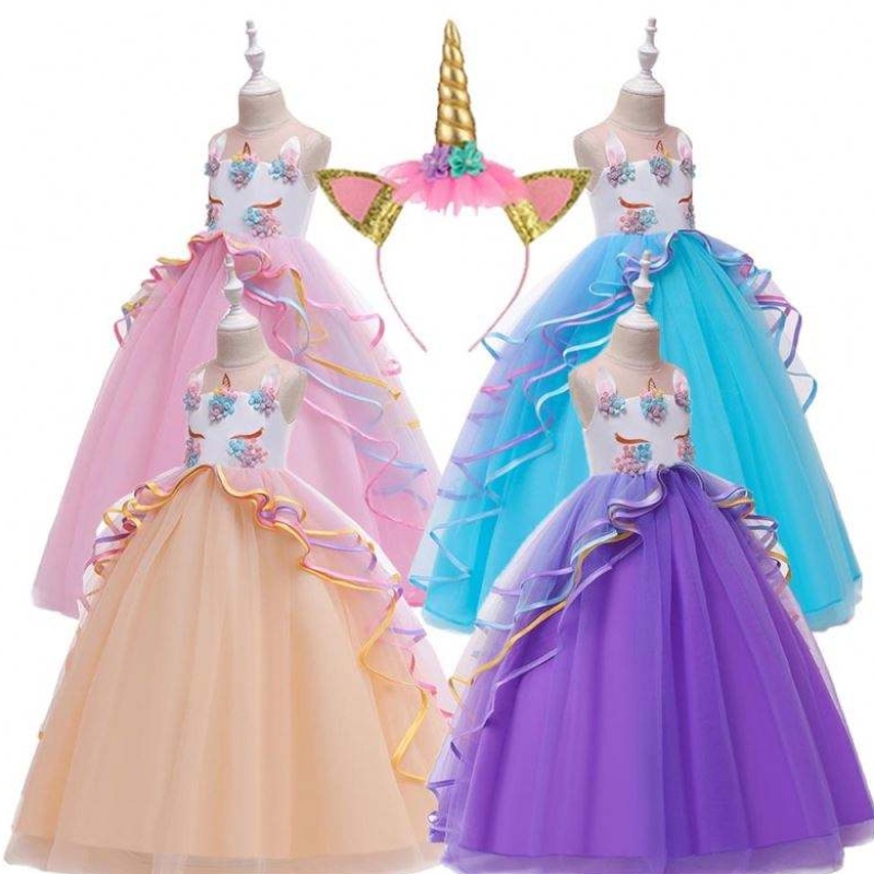 Baige 3-15 Jahre Mädchen Einhorn Party Kleider Rüschen Kinderkleidung Kostüm Geburtstagsfeier Kleid