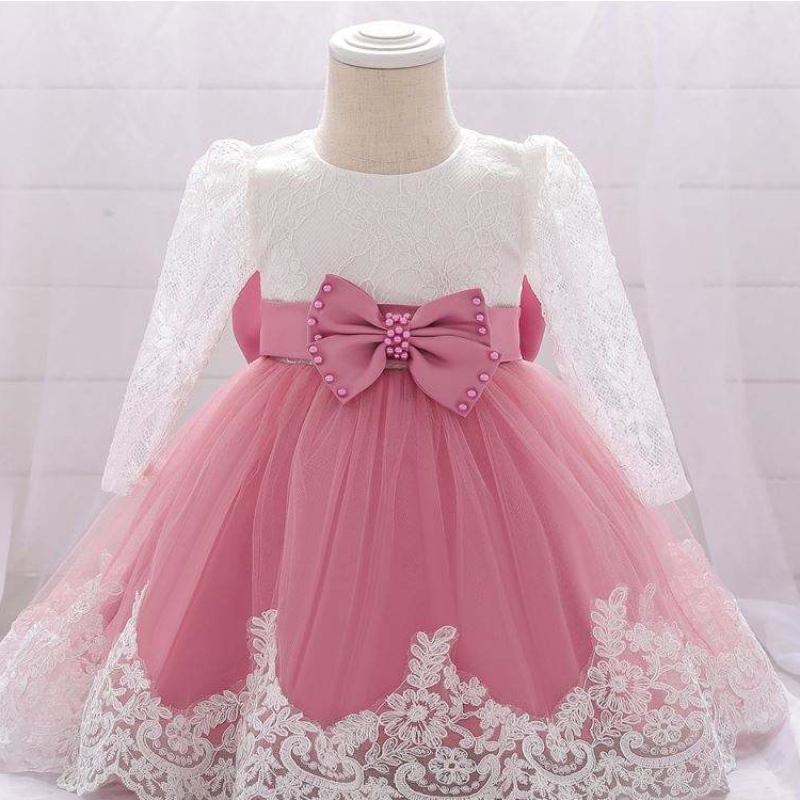 Baige Blumenmädchen Party tragen westliche Taufkleid Kleid Spitze Neugeborenes Baby Taufkleider