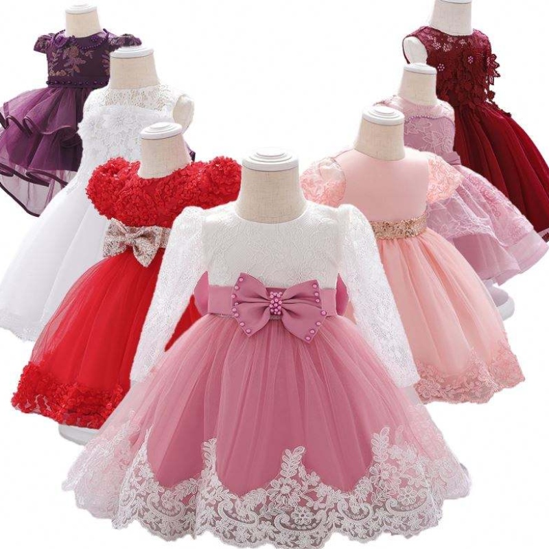 3-24 Monate Spitze Langarm Kinder Kleidung zum ersten Geburtstag süßes Blumenpartykleid