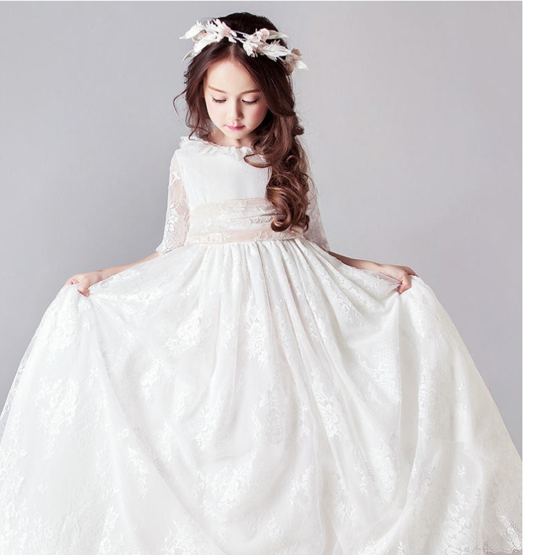 Lange weiße Kleider für Kinder Girls Prinzessin Elegante Hochzeits Gast Kinder Brautjungfer Spitzenkleider Party Abendkleid 3 6 14 Jahre