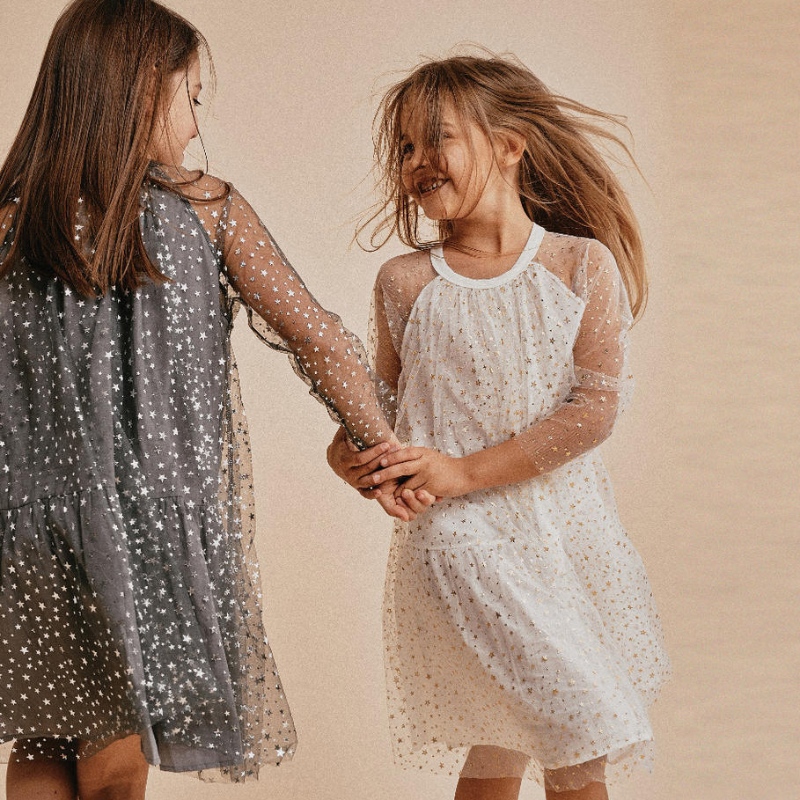 Sommerkleid glänzendes Sternmuster Mädchen Garn Baumwollgekleidete Prinzessin Kleid Weihnachten O-hals Kinderkleider für Mädchen
