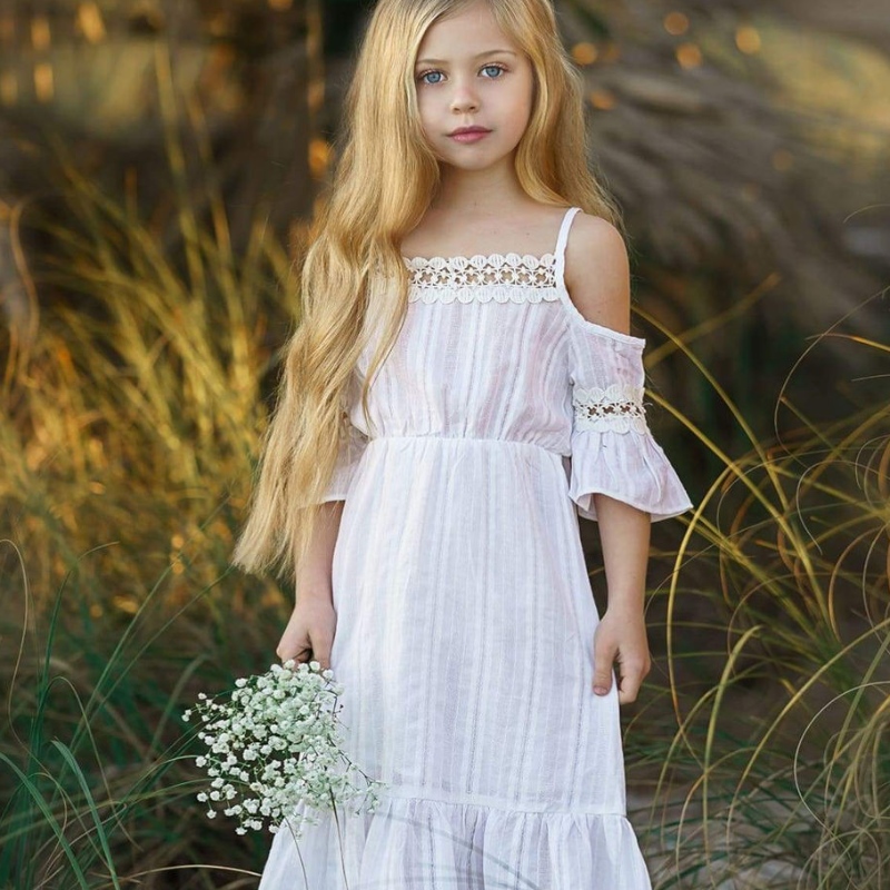 Kinder Sommer Offschuldige Mädchen Kleid weiß rosa Rüschen Strandkleider Kinder Prinzessin Brautjungfer Hochzeitswettbewerb für Blumengir