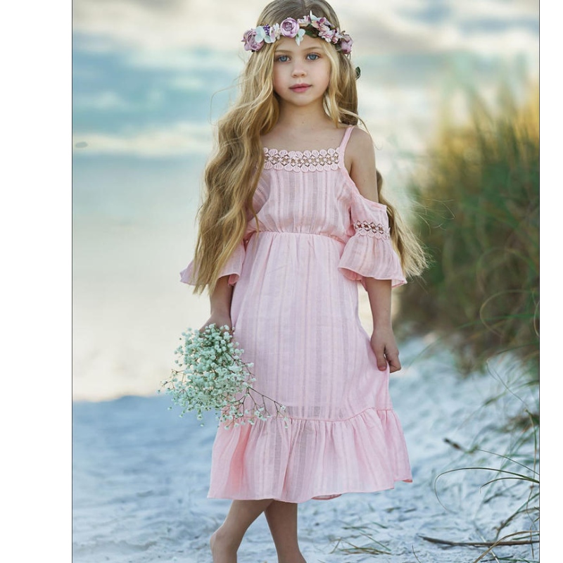 Kinder Sommer Offschuldige Mädchen Kleid weiß rosa Rüschen Strandkleider Kinder Prinzessin Brautjungfer Hochzeitswettbewerb für Blumengir