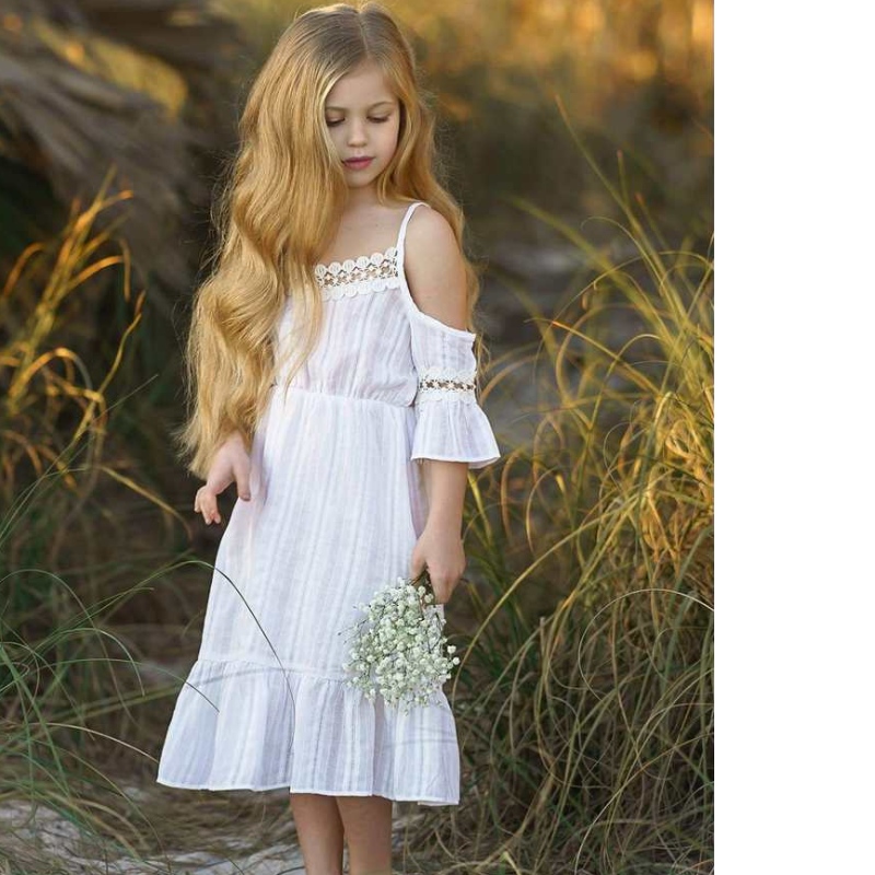 Kinder Sommer Offschuldige Mädchen Kleid weiß rosa Rüschen Strandkleider Kinder Prinzessin Brautjungfer Hochzeitswettbewerb für Blumengir