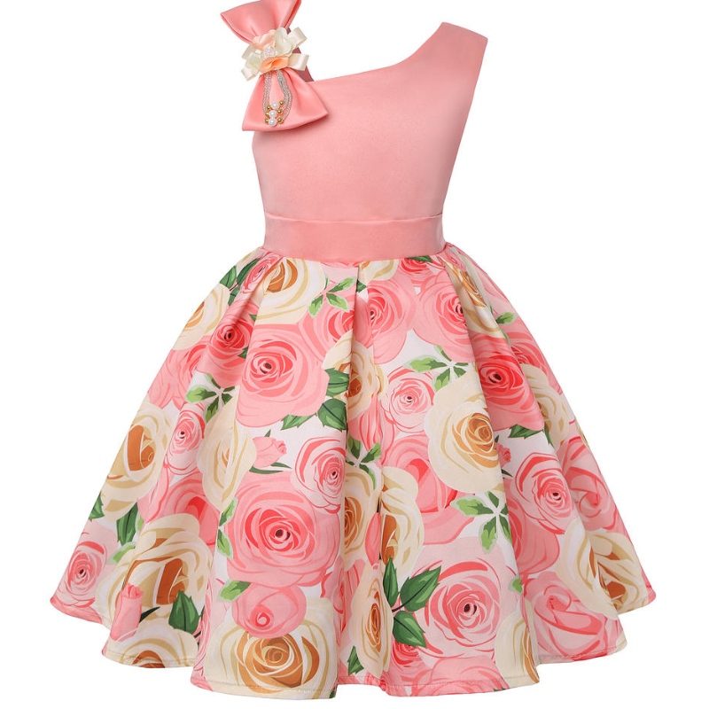 Sommermädchen Rose Printkleid Prinzessin Hochzeits Geburtstagsfeier Kleider Satin Kinder Vestidos Kleider für Mädchen Weihnachtskleidung