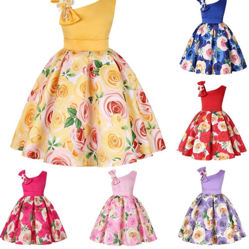 Sommermädchen Rose Printkleid Prinzessin Hochzeits Geburtstagsfeier Kleider Satin Kinder Vestidos Kleider für Mädchen Weihnachtskleidung