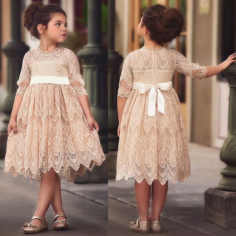 Mädchen Spitze Stickerei Kleid Kinder Eine Linie Prinzessin Tutu Tüll Brautjungfer Hochzeitsfest Blumenmädchen Kleider