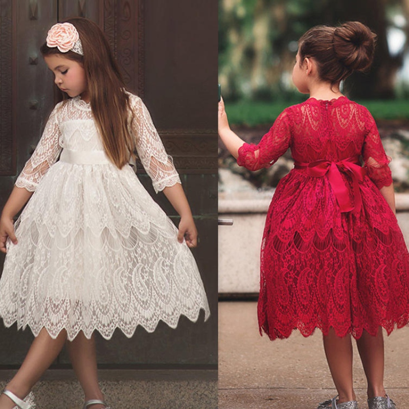 Mädchen Spitze Stickerei Kleid Kinder Eine Linie Prinzessin Tutu Tüll Brautjungfer Hochzeitsfest Blumenmädchen Kleider