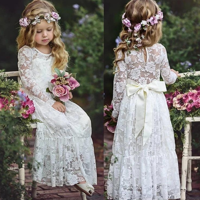 Sommermädchen Hochzeit Spitze Langes Kleid 2-12 Prinzessin Kleider Big Bow Brautjungfer Hochzeitswettbewerb für Blumenmädchen