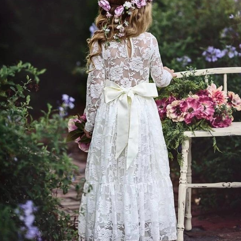 Sommermädchen Hochzeit Spitze Langes Kleid 2-12 Prinzessin Kleider Big Bow Brautjungfer Hochzeitswettbewerb für Blumenmädchen