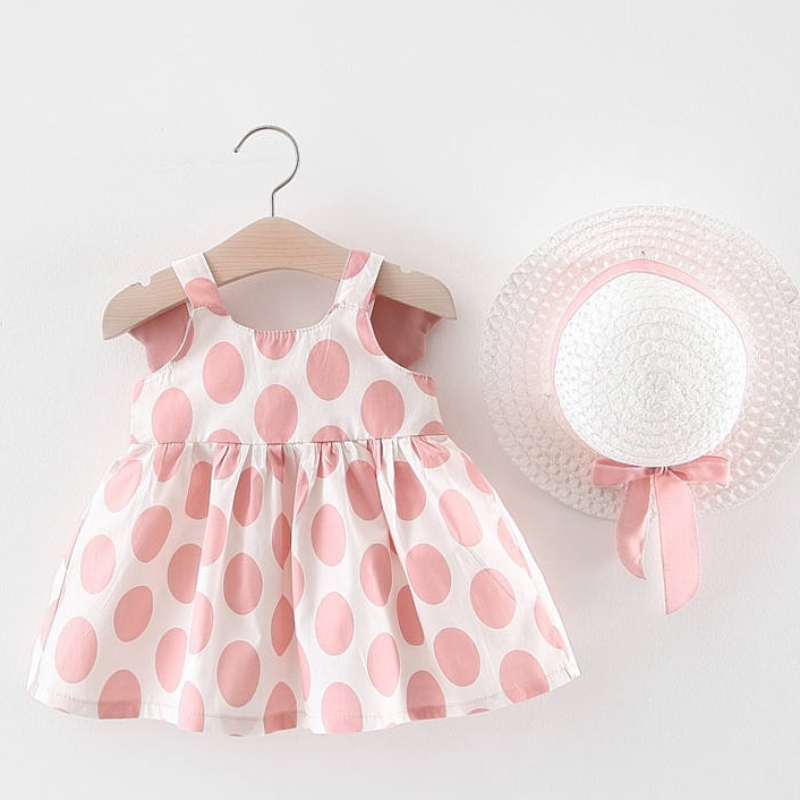 Großhandel 2 PCS Baby Girl Kleid Sets Neugeborene ärmelloses Geburtstagskleidung Prinzessin Party Druckblumungskleider mit Hut