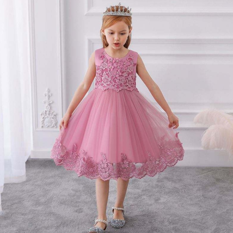Baige Sommer Kinder Pailletten Partykleid Blumenmädchen Spitze ärmellose Kleid Mädchen Geburtstagskleider Blume Mädchen Netzkleider