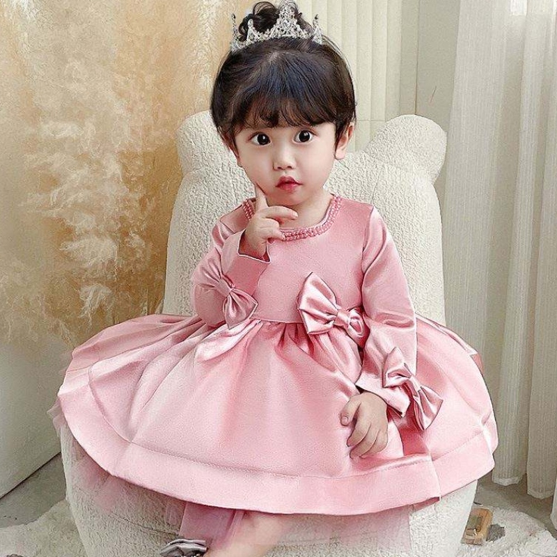 Baige Long Sleeves Party Flower Girl Kleid Big Bow 1-6 Jahre Kinder Kleidung Kleid Design 9105