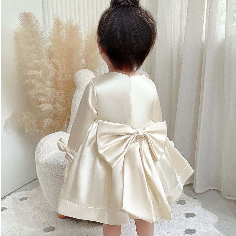 Baige Long Sleeves Party Flower Girl Kleid Big Bow 1-6 Jahre Kinder Kleidung Kleid Design 9105