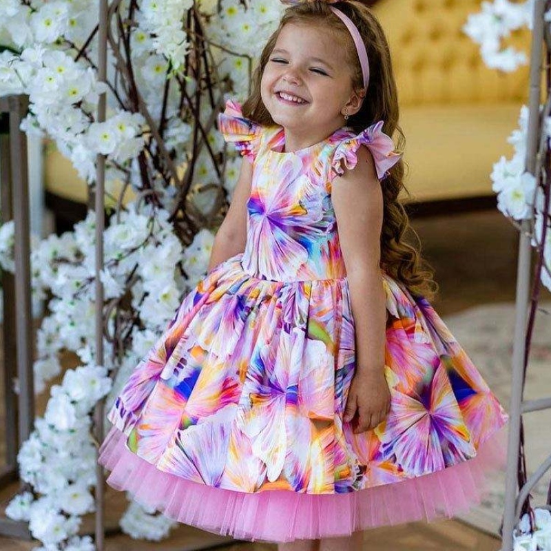 Baigeneueste Blumendruckmädchens Kleid Kinderkleidung für 3 Jahre alte Blumenmädchen Brautjungfernkleider für Party