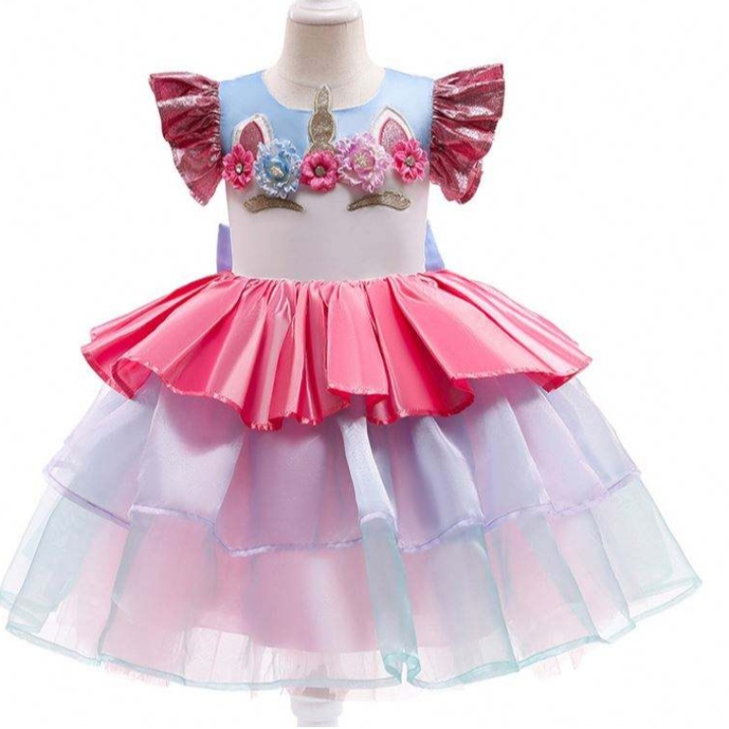 Baige plissierte kurze Ärmel geschichtete Kuchenblume Kleid Ostern Wear Girls Einhornkleider für Party