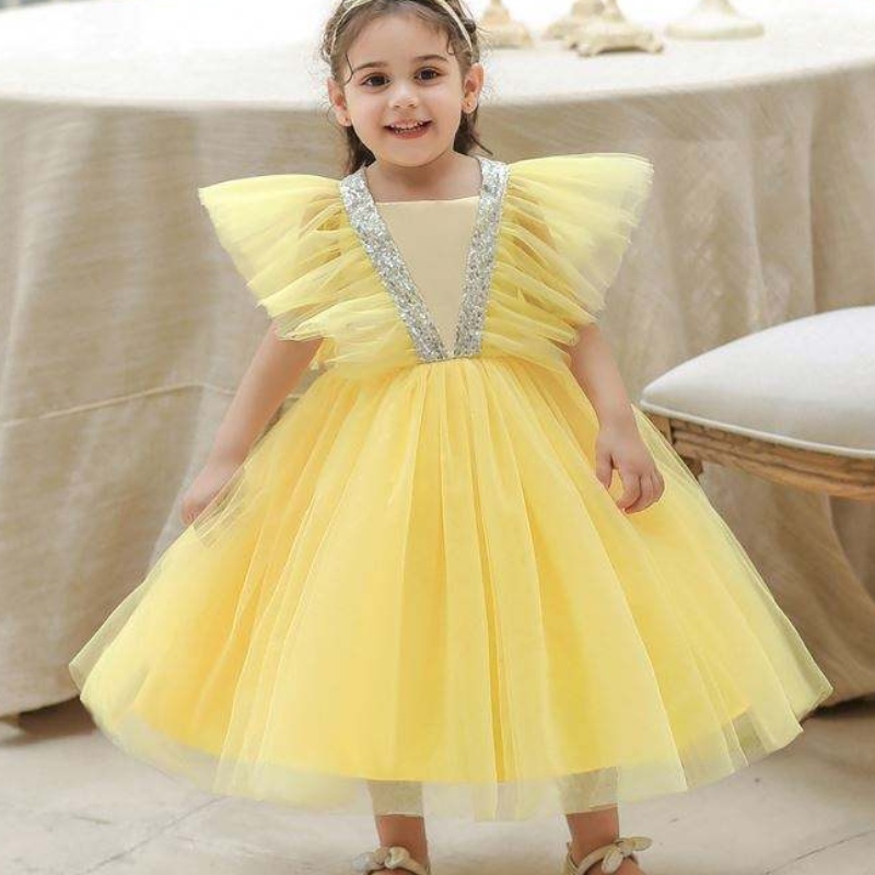 Baige Sommer geschwollene Blumenmädchen Geburtstagskleid Vollmond Kinder Hochzeit Tutu Party Kleid L2065XZ
