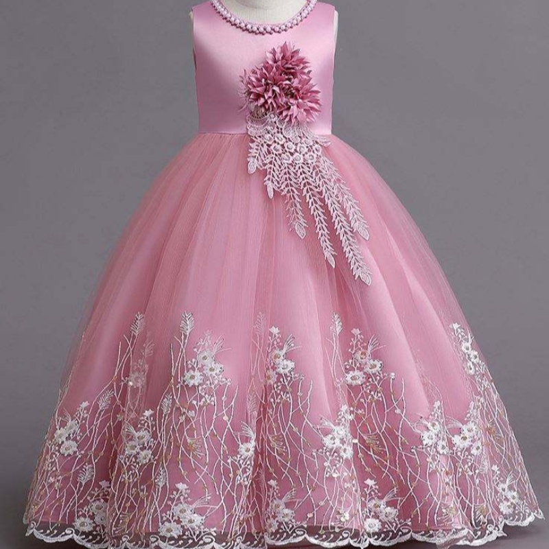Baige Babyprodukt Mädchen Maxi Langperlen Ballkleid Kinder überlagert einfaches Netto -Prom -Party -Kleid