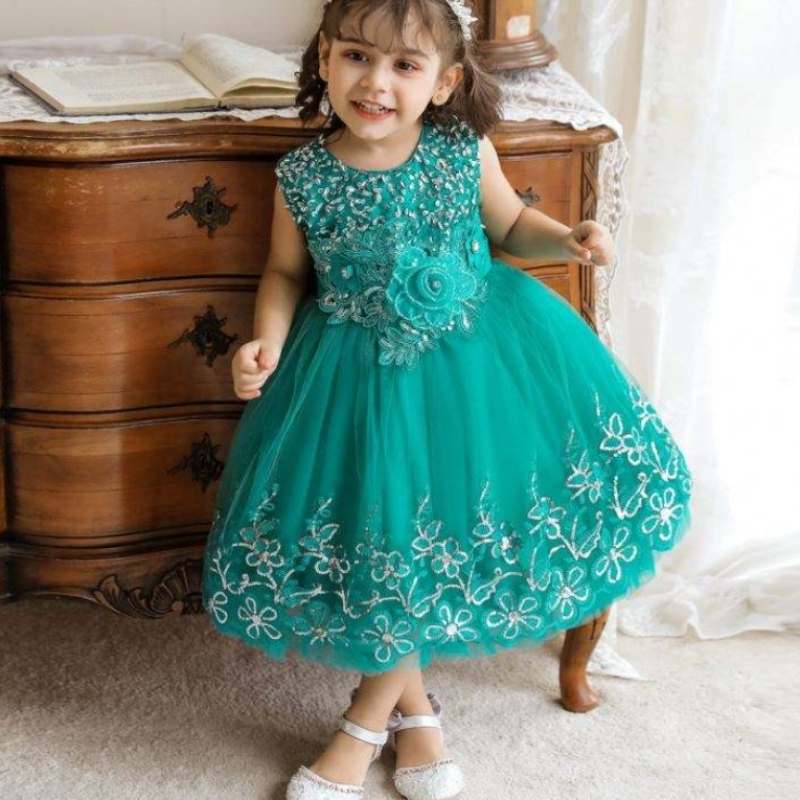 Baige Kids Fancy Stickerei Blumenkleid 0-5 Jahre altes Mädchen Kinder Net-Kleid-Design Stylish Hochzeitsfeierkleid für Kinder